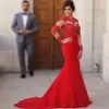 Evening Dresses Red Prom Party Gown Illusion Mermaid Zipper Plus Size Custom New O-Neck Long Sleeve Applique Beaded Satin Lace Up