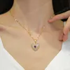 Purple Cubic Zirconia Heart Shape Necklace for Women Stainless Steel Link Chain Crystal Pendant Banquet Wedding Jewelry Gifts