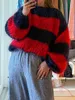 Womens Sweaters Mohair Stripe Knit Oneck Womens Pullovers Lanterna Manga Oversized Solto Camisola Outono Básico Chic Casual Escritório Malhas 231013