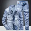 Survêtements pour hommes Mode Slim Ensembles Printemps Automne Bleu Denim Denim Coton Veste à manches longues Ripped Hole Jeans Couple Deux Piece302E