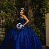 Granatowy błyszcząca sukienka quinceanera suknia balowa z aplikacji na ramię koronkowe koraliki gorset konkurs