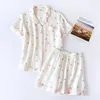 Vêtements de nuit pour femmes 2023 Summer Ladies Short à manches courtes Pyjamas Set Coton Crêpe Tissu Mince Service à domicile Deux pièces Printemps Lâche