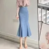 Kjolar trumfet midi kvinnor eleganta mjuka rufsar vintage designade chic sexig smal elastisk denim hög midja faldas ren ootd