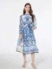 Basic Casual Dresses Runway Red Blue And White Porcelain Light Thin Slik Dress Women's O-Neck Long Sleeve Flower Print Belt Lace Up Holiday Dress 2024