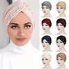 여성 이마 매듭 pleated Turban Cap Faux Pearl Decor Soly Color Head Wraps Elastic Beanne Bonnet Ramadan Hijab Chemo Cap