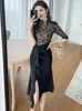 Basic Casual Dresses New Women's Retro Style Midi Dress for Women Black Sheer Lace Spliced Satin Ruffled Split Robe Femme Party Prom Vestidos 2024