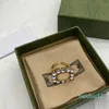 Elegante anillo de diamante con doble letra, diseño de diamantes de imitación, anillos abiertos, pareja de cristal brillante con caja de regalo