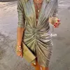 Casual Dresses Office Lady Bodycon Women Elegant Slit Mini Party Club Wear Dress 2022 Solid Color Deep V Neck Draped Silk Sexy2550