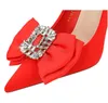 Silk Satin Women Pumps Bowknot High Heels Rhinestone Decoration Stilettos Red Women Heel Wedding Shoes