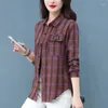 Vrouwen Blouses Mode Revers Knoopzakken Losse Geruite Shirts Kleding 2023 Herfst Winter Oversized Casual Tops Asymmetrische