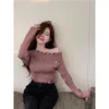 Women's Sweaters Girl Vintage Hollow-out Hole Off Shoulder Long-sleeved Woolen Sweater For Autumn Versatile Slim Fitting Short Top