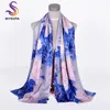 Lenços Bysifa estilo chinês azul rosa peônia seda xale cachecol feminino elegante longo xales envolve outono inverno quente grosso 175 50cm2416