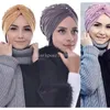 여성 이마 매듭 pleated Turban Cap Faux Pearl Decor Soly Color Head Wraps Elastic Beanne Bonnet Ramadan Hijab Chemo Cap