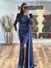 Marineblaues Meerjungfrau-Abendkleid, U-Ausschnitt, lange Ärmel, Party-Abschlussballkleider, Falten, geteilt, formelles langes Kleid für besondere Anlässe