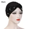 여성 이마 매듭 pleated Turban Cap Faux Pearl Decor Soly Color Head Wraps Elastic Beanne Bonnet Ramadan Hijab Chemo Cap