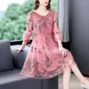 Casual Dresses 2023 Fashion Silk Embroidery Dress Women's Summer Versatile Round Neck 7/4 Sleeves Loose Fit Holiday Vesidos