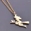 Chains Flying Witch Silhouette Pendant Necklace For Women Fashion Stainless Steel Riding A Broom Jewelry Halloween Gifts