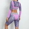 Kadınların Trailtsuits Spor Giyim Yoga Seti Leopar Baskı Patchwork Mahsul Tshirt Şort Sonbahar Uzun Kollu Fitness Top Sports Giyim Takımları