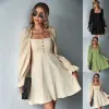 0C62N659 Autumn Women's Dress Puff Sleeve Långärmad fransk a-line kjol midja tillbakadragning ruffle edge premium anpassning