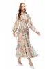 여자 활주로 드레스 주름 나무 고리 긴 슬리브 인쇄 주름 High Street 패션 디자이너 vestidos