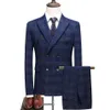 남자 정장 세트 비즈니스 공식 웨딩 드레스 신랑 Bluetuxedo Slim Fit Double Breasted Grid Male Suit Set Menjacket Pents VE306C