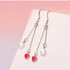 Real 925 Sterling Silver Tiny Heart Earrings Hanging Chain Minimal Red Danging Earing Brincos Perola Pendientes SE058 Hoop & Huggi355g