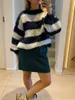 Womens Sweaters Mohair Stripe Knit Oneck Womens Pullovers Lanterna Manga Oversized Solto Camisola Outono Básico Chic Casual Escritório Malhas 231013