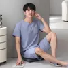 Ropa de dormir para Hombre, conjunto de pantalones cortos a rayas para Hombre, Pijamas de verano informales para Hombre, Pijamas de 2 piezas, chándal, Pijamas de manga corta para dormir