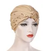 여성 이마 매듭 pleated Turban Cap Faux Pearl Decor Soly Color Head Wraps Elastic Beanne Bonnet Ramadan Hijab Chemo Cap