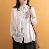 Women's Blouses Spring Fall Solid Cotton Women Shirts Simple Top Lady Lapel Long Sleeve Shirt White Loose Floral Embroidery Blouse Camisas