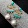 Yygem Natural Geometric Turquoise Ite Prehnite White Pearl Stud Earrings Gold Fill Office Style for Women311n