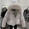 Women's Trench Coats 2023 Women Winter Fashion White Duck Down Jackets Female Real Big Fur Collar Hooded Ladies Short Loose Overcoats