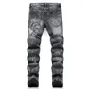 Jeans masculinos homens estroyed buraco impressão crânio preto motocicleta pantalones hombre design simples avançado confortável de alta qualidade