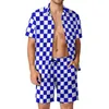 Survêtements pour hommes motif damier hommes ensembles bleu et blanc damier shorts décontractés été Hawaii vacances chemise ensemble court-SL2870