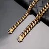 10mm-14mm Hip Hop Stainless Steel Miami Cuban Link Chain Necklace 18K Real Gold Plated Full Zircon Mens Jewelry