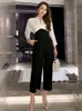 Women's Jumpsuits Satin Jumpsuit Women Black White Patchwork Long Sleeve High Waist Ankle Combinaison Femme Office Work Street Monos Mujer Spring 2024