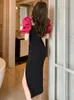 Basic Casual Dresses Summer Women Maxi Dress Elegant Korean Sweet Retro Black Rose Red Bubble Sleeve Split Long Robe Femme Party Vestidos Mujer 2024
