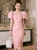 Basic Casual Dresses Summer Elegant Stylish Sexy Evening Dress Women Bright Solid Short Sleeve Slim Slit Midi Princess Pencil Gown Party Vestido 2024