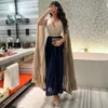 Elegant Short Chiffon Champagne&Navy Blue Evening Dresses With Sleeve A-Line Ruffled Prom Dresses Ankle Length Zipper Back Formal Party Gowns for Women