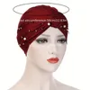 여성 이마 매듭 pleated Turban Cap Faux Pearl Decor Soly Color Head Wraps Elastic Beanne Bonnet Ramadan Hijab Chemo Cap
