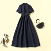 2023 Autumn Lapel Seckie Sukienka Blue Solid Color Sukienki z krótkim rękawem 22A081603199N