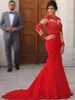 Evening Dresses Red Prom Party Gown Illusion Mermaid Zipper Plus Size Custom New O-Neck Long Sleeve Applique Beaded Satin Lace Up