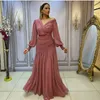 Robes de soirée élégantes Maxi en mousseline de soie musulmane col en v soirée a-ligne à manches longues plissée longueur de plancher robe formelle pour les femmes