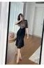 Basic Casual Dresses New Women's Retro Style Midi Dress for Women Black Sheer Lace Spliced Satin Ruffled Split Robe Femme Party Prom Vestidos 2024