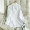 Женские блузки, хлопковая белая рубашка, женская осенняя базовая корейская модная одежда, свободные повседневные рабочие топы средней длины, профессиональные топы Wonens