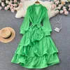 Autumn Women A Line Yellow Casual Dresses Hollow Out Midi Dress Elegant V-Neck Puff Short Sleeve High Waist Party Robe Female Vest267h