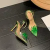 Sandali Fiore di cristallo PVC trasparente Donna Stiletto Fibbia Estate Verde Tacchi alti Abito elegante Scarpe da festa per grandi 41