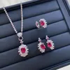 Dames Bruiloft Sieraden Set Imitatie Robijnrood Kristal Zirkoon Diamant Open Ring Hanger Ketting Oorbellen Studs Vriendin Nieuwjaar Feest Verjaardagscadeau