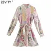 Zevity Women Elegant Pink Flower Print Breasted Shirtdress Female Long Sleeve Bow Sashes Vestido Chic A Line Mini Dresses DS8173 23027