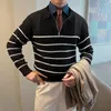 Suéteres para hombres Moda Suéter a rayas Primavera Otoño Zip Turn Down Collar Jerseys de punto Hombre de negocios Jersey de manga larga Streetwear Polos